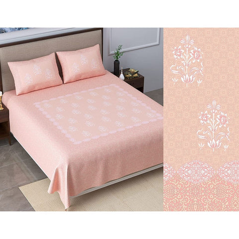 SheetKart Bedsheet for King Size Double Bed - Premium Traditional Floral Buti Printed 144 TC 100% Cotton with 2 Pillow Covers, Pink - SheetKart