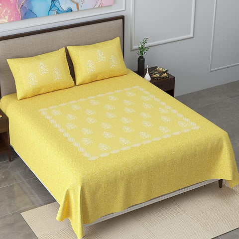 SheetKart Bedsheet for King Size Double Bed - Premium Traditional Floral Buti Printed 144 TC 100% Cotton with 2 Pillow Covers, Yellow - SheetKart