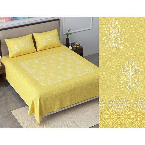 SheetKart Bedsheet for King Size Double Bed - Premium Traditional Floral Buti Printed 144 TC 100% Cotton with 2 Pillow Covers, Yellow - SheetKart