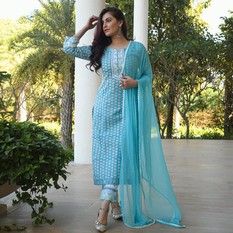 Arayna Women's Cotton Printed Straight Kurti Palazzo Pants Set with Dupatta