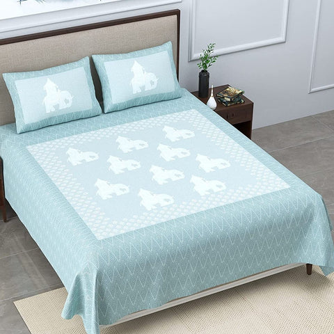 SheetKart Bedsheet for King Size Double Bed - Premium Traditional Elephant Printed 144 TC 100% Cotton with 2 Pillow Covers, Blue - SheetKart