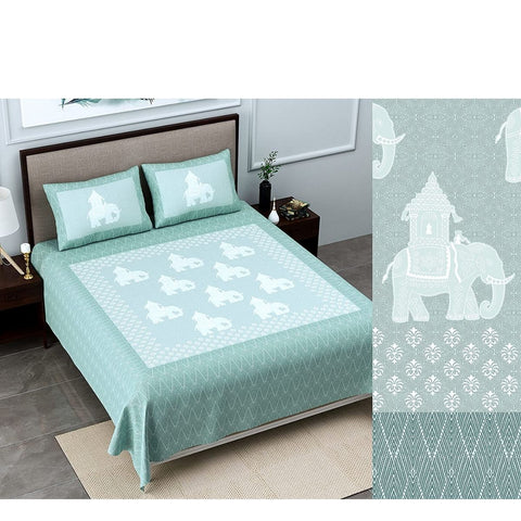 SheetKart Bedsheet for King Size Double Bed - Premium Traditional Elephant Printed 144 TC 100% Cotton with 2 Pillow Covers, Blue - SheetKart