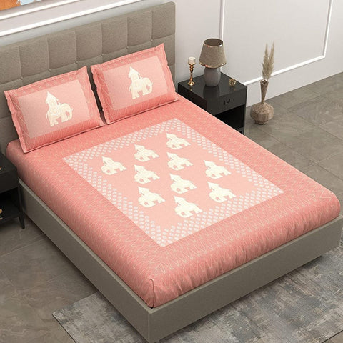 SheetKart Bedsheet for King Size Double Bed - Premium Traditional Elephant Printed 144 TC 100% Cotton with 2 Pillow Covers, Pink - SheetKart