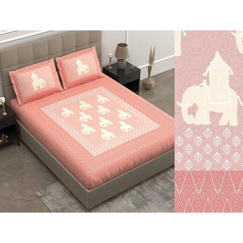 SheetKart Bedsheet for King Size Double Bed - Premium Traditional Elephant Printed 144 TC 100% Cotton with 2 Pillow Covers, Pink - SheetKart