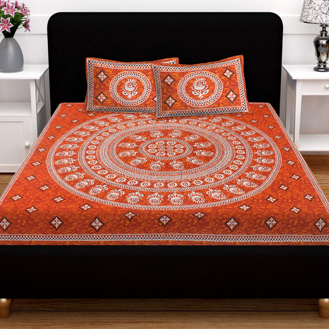 SheetKart 144 TC Cotton Floral Jaipuri Printed Double Bedsheet with 2 Pillow Covers - SheetKart