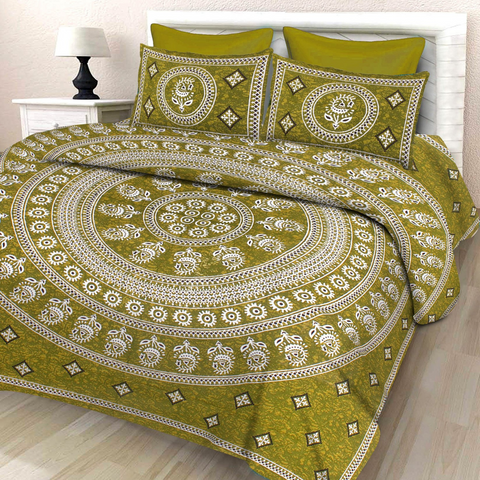 SheetKart Floral Cotton Jaipuri Double Bedsheet with 2 Pillow Covers, Green - SheetKart
