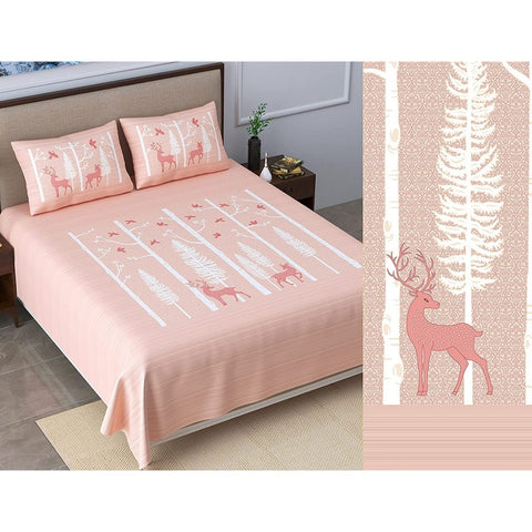SheetKart Bedsheet for King Size Double Bed - Premium Traditional Deer Printed 144 TC 100% Cotton with 2 Pillow Covers, Pink - SheetKart