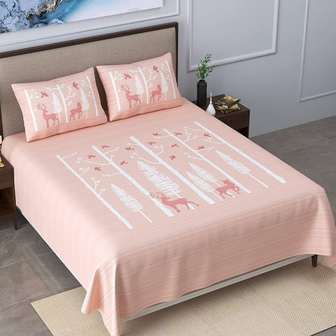 SheetKart Bedsheet for King Size Double Bed - Premium Traditional Deer Printed 144 TC 100% Cotton with 2 Pillow Covers, Pink - SheetKart
