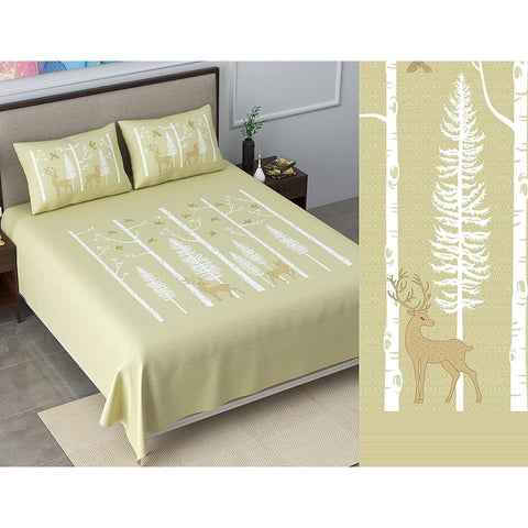 SheetKart Bedsheet for King Size Double Bed - Premium Traditional Deer Printed 144 TC 100% Cotton with 2 Pillow Covers, Yellow - SheetKart