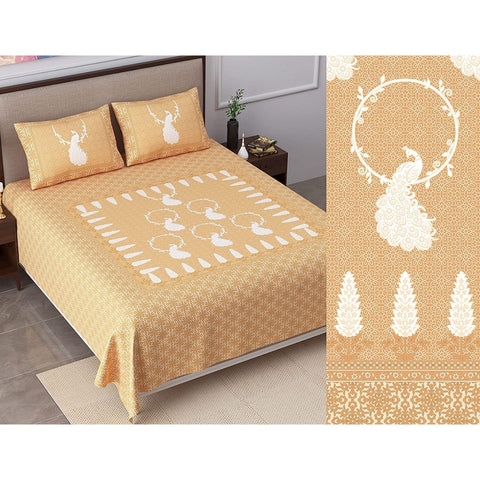 SheetKart Bedsheet for King Size Double Bed - Premium Traditional Peacock Printed 144 TC 100% Cotton with 2 Pillow Covers, Yellow - SheetKart