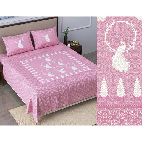 SheetKart Bedsheet for King Size Double Bed - Premium Traditional Peacock Printed 144 TC 100% Cotton with 2 Pillow Covers, Pink - SheetKart