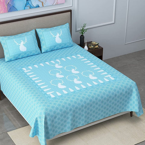 SheetKart Bedsheet for King Size Double Bed - Premium Traditional Peacock Printed 144 TC 100% Cotton with 2 Pillow Covers, Blue - SheetKart