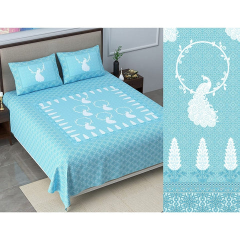 SheetKart Bedsheet for King Size Double Bed - Premium Traditional Peacock Printed 144 TC 100% Cotton with 2 Pillow Covers, Blue - SheetKart