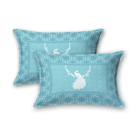 SheetKart Bedsheet for King Size Double Bed - Premium Traditional Peacock Printed 144 TC 100% Cotton with 2 Pillow Covers, Blue - SheetKart