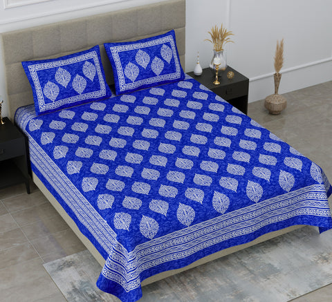 SheetKart Floral Cotton Jaipuri Double Bedsheet with 2 Pillow Covers, Sapphire Blue - SheetKart