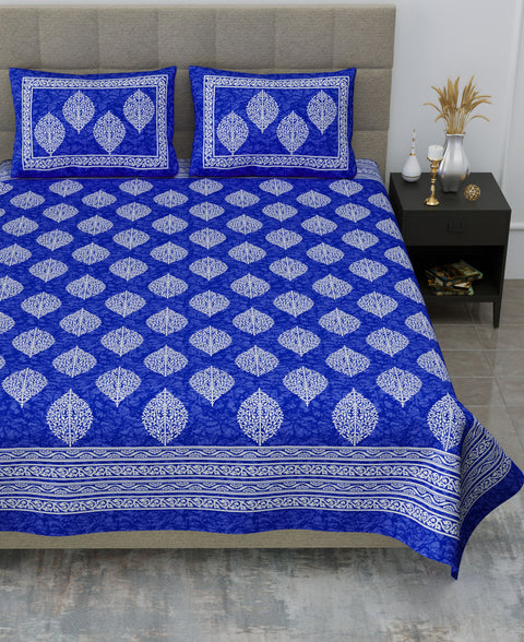 SheetKart Floral Cotton Jaipuri Double Bedsheet with 2 Pillow Covers, Sapphire Blue - SheetKart