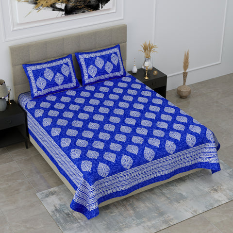 SheetKart Floral Cotton Jaipuri Double Bedsheet with 2 Pillow Covers, Sapphire Blue - SheetKart