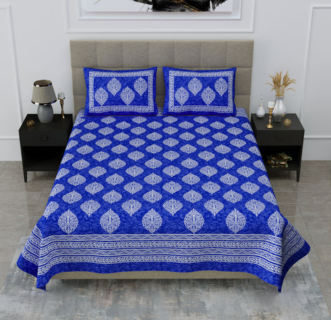 SheetKart Floral Cotton Jaipuri Double Bedsheet with 2 Pillow Covers, Sapphire Blue - SheetKart