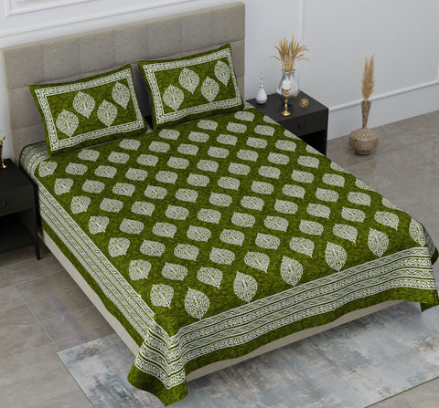 SheetKart Floral Cotton Jaipuri Double Bedsheet with 2 Pillow Covers, Green - SheetKart