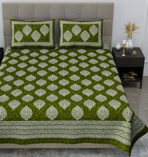 SheetKart Floral Cotton Jaipuri Double Bedsheet with 2 Pillow Covers, Green - SheetKart