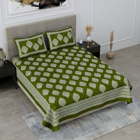 SheetKart Floral Cotton Jaipuri Double Bedsheet with 2 Pillow Covers, Green - SheetKart