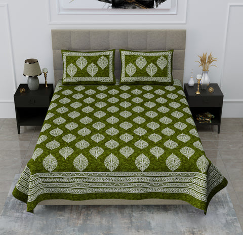 SheetKart Floral Cotton Jaipuri Double Bedsheet with 2 Pillow Covers, Green - SheetKart