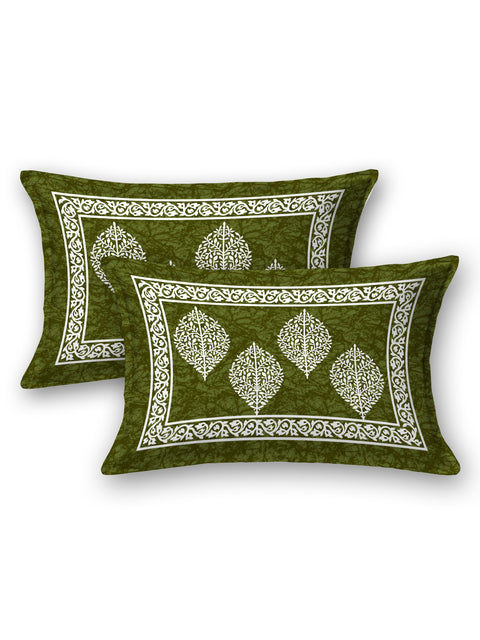 SheetKart Floral Cotton Jaipuri Double Bedsheet with 2 Pillow Covers, Green - SheetKart
