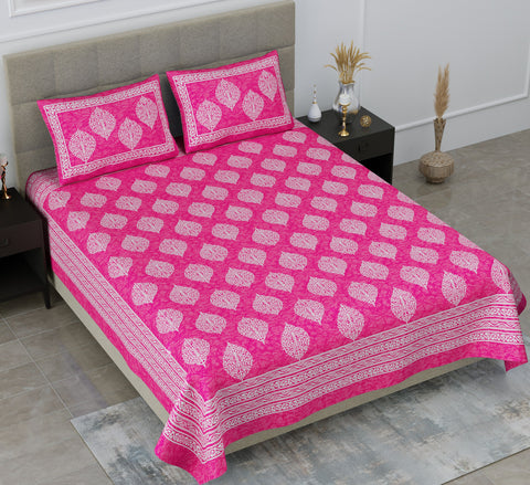 SheetKart Floral 144 TC Cotton Double King Size Bedsheet With 2 Pillow Covers - Pink
