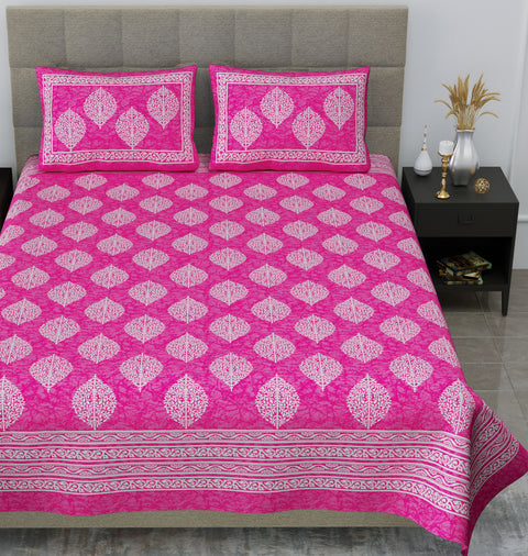 SheetKart Floral 144 TC Cotton Double King Size Bedsheet With 2 Pillow Covers - Pink