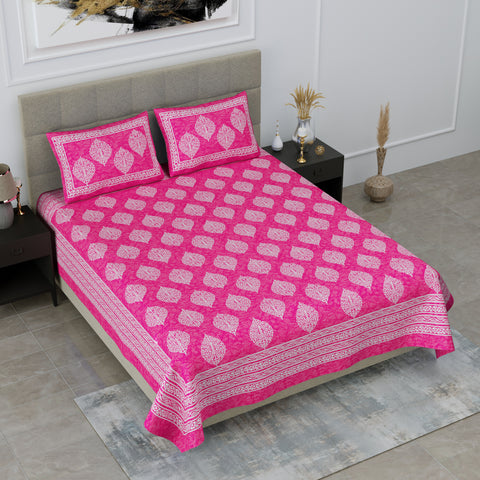 SheetKart Floral 144 TC Cotton Double King Size Bedsheet With 2 Pillow Covers - Pink