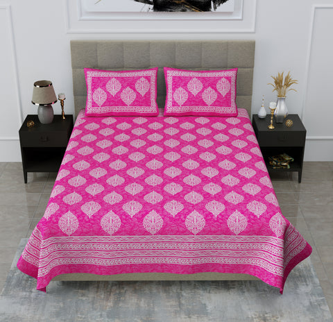 SheetKart Floral 144 TC Cotton Double King Size Bedsheet With 2 Pillow Covers - Pink