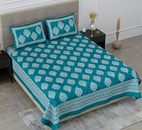 SheetKart Floral Cotton Jaipuri Double Bedsheet with 2 Pillow Covers, Sea Green - SheetKart