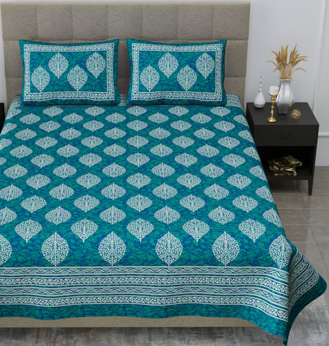 SheetKart Floral Cotton Jaipuri Double Bedsheet with 2 Pillow Covers, Sea Green - SheetKart