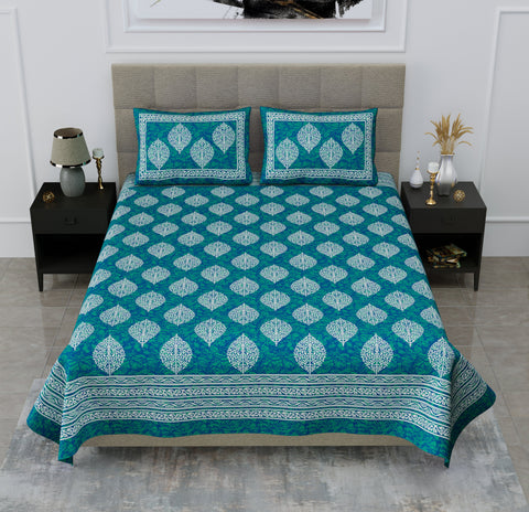 SheetKart Floral Cotton Jaipuri Double Bedsheet with 2 Pillow Covers, Sea Green - SheetKart
