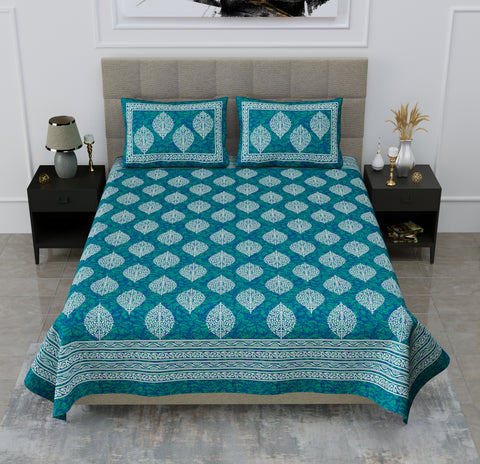 SheetKart Floral Cotton Jaipuri Double Bedsheet with 2 Pillow Covers, Sea Green - SheetKart