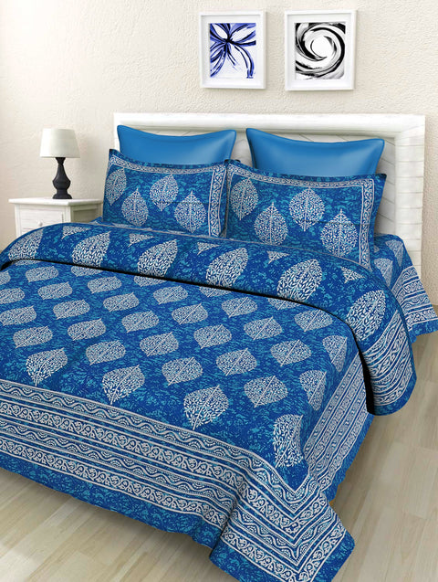 SheetKart Floral 144 TC Cotton Double Bedsheet with 2 Pillow Covers - Sapphire Blue