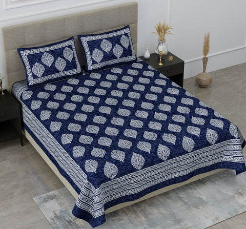 SheetKart 144 TC Cotton Double Bedsheet Motif Printed Jaipuri Floral Bed Sheet with 2 Pillow Covers, Navy Blue