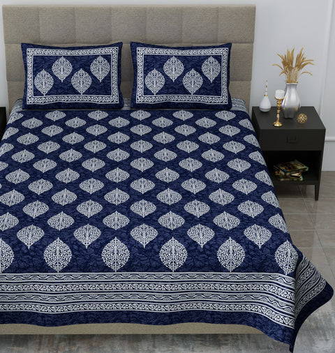 SheetKart 144 TC Cotton Double Bedsheet Motif Printed Jaipuri Floral Bed Sheet with 2 Pillow Covers, Navy Blue