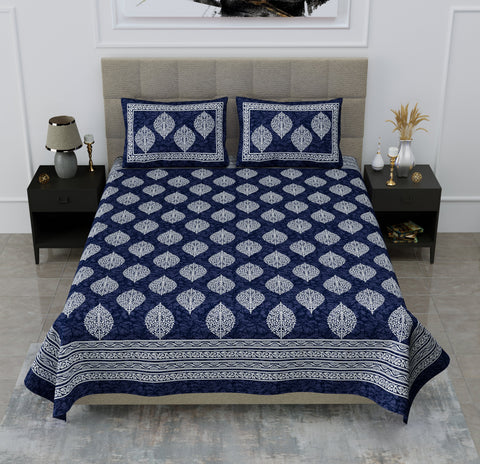SheetKart 144 TC Cotton Double Bedsheet Motif Printed Jaipuri Floral Bed Sheet with 2 Pillow Covers, Navy Blue