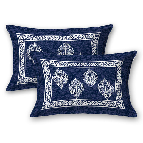 SheetKart 144 TC Cotton Double Bedsheet Motif Printed Jaipuri Floral Bed Sheet with 2 Pillow Covers, Navy Blue
