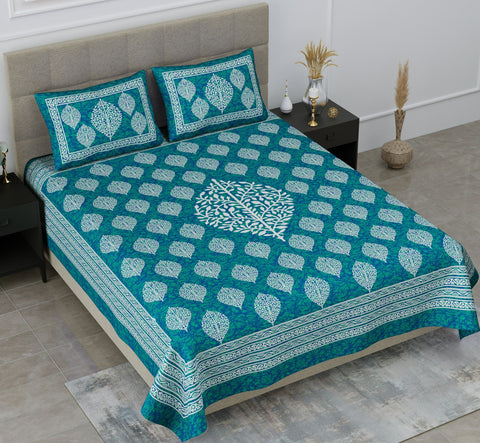SheetKart Floral Paisley 144 TC Cotton Double Bedsheet with 2 Pillow Covers-Sea Green