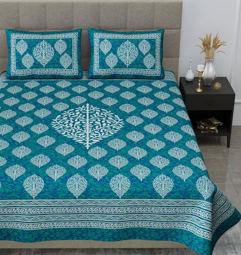 SheetKart Floral Paisley 144 TC Cotton Double Bedsheet with 2 Pillow Covers-Sea Green