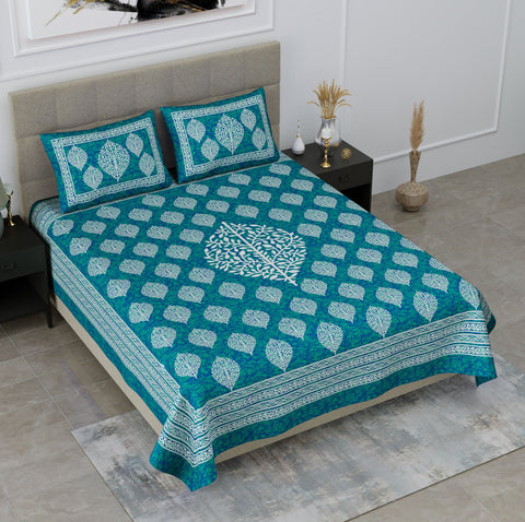 SheetKart Floral Paisley 144 TC Cotton Double Bedsheet with 2 Pillow Covers-Sea Green