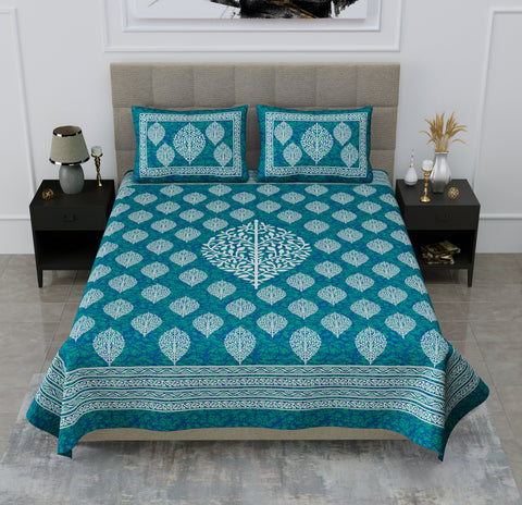 SheetKart Floral Paisley 144 TC Cotton Double Bedsheet with 2 Pillow Covers-Sea Green