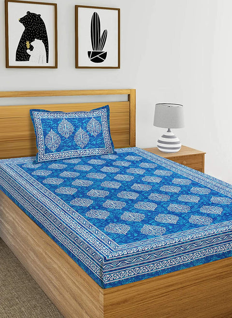 SheetKart 144 TC Cotton Bedsheet Set with Pillow Covers, Multi Color (Sapphire Blue, Single)