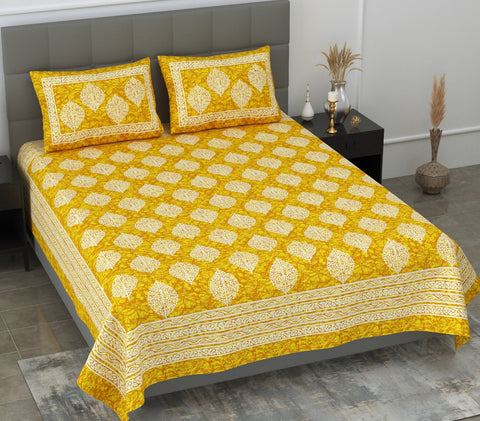 SheetKart Motif Printed 144 TC Cotton Double Bedsheet with 2 Pillow Covers - Yellow