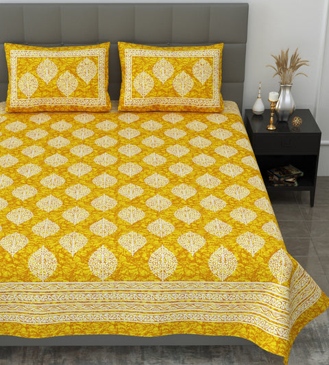 SheetKart Motif Printed 144 TC Cotton Double Bedsheet with 2 Pillow Covers - Yellow
