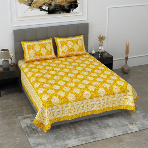 SheetKart Motif Printed 144 TC Cotton Double Bedsheet with 2 Pillow Covers - Yellow