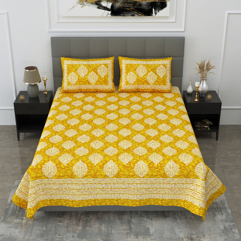 SheetKart Motif Printed 144 TC Cotton Double Bedsheet with 2 Pillow Covers - Yellow