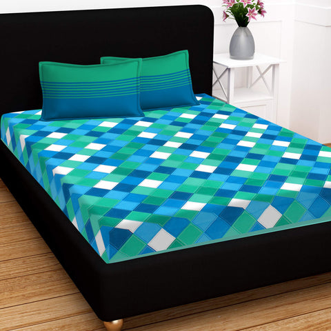 SheetKart 144 TC Cotton Floral Jaipuri Printed Double Bedsheet with 2 Pillow Covers, Blue and Green
